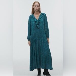 Zara long jacquard dress with frills and flounces, size small, NWT
